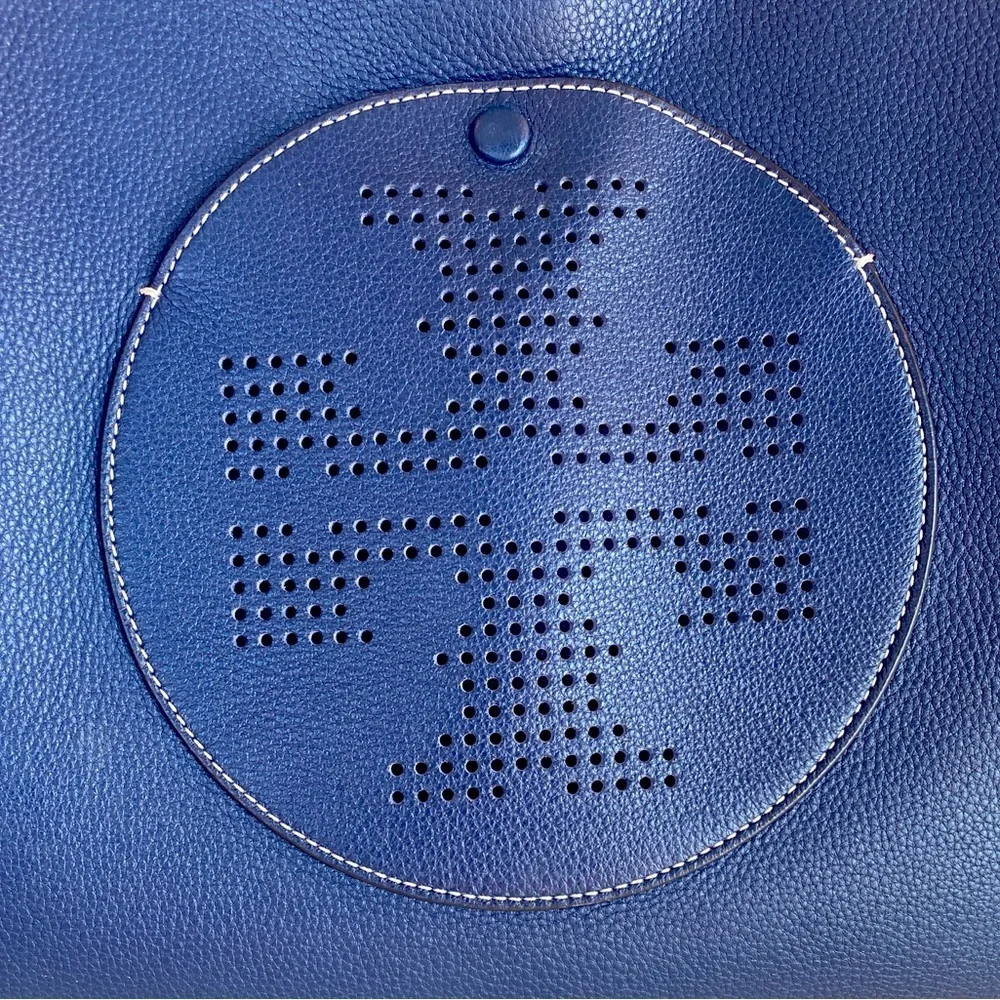 TORY BURCH Navy Blue Leather Perforated Logo Tote, Authentic. EUC